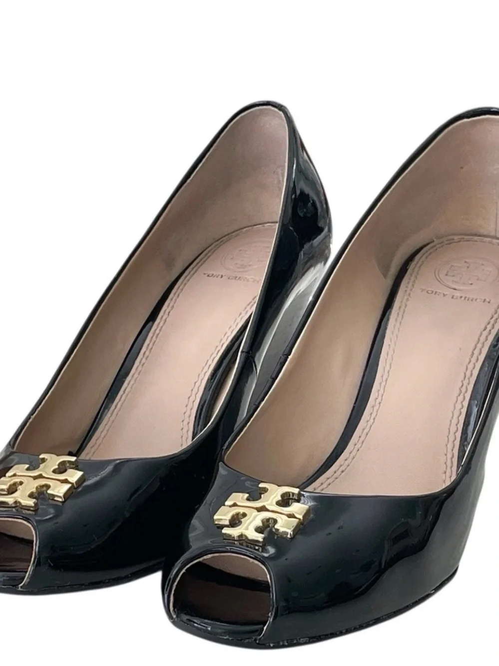 Tory Burch Black Patent Leather Peep-Toe Wedge with Gold Logo